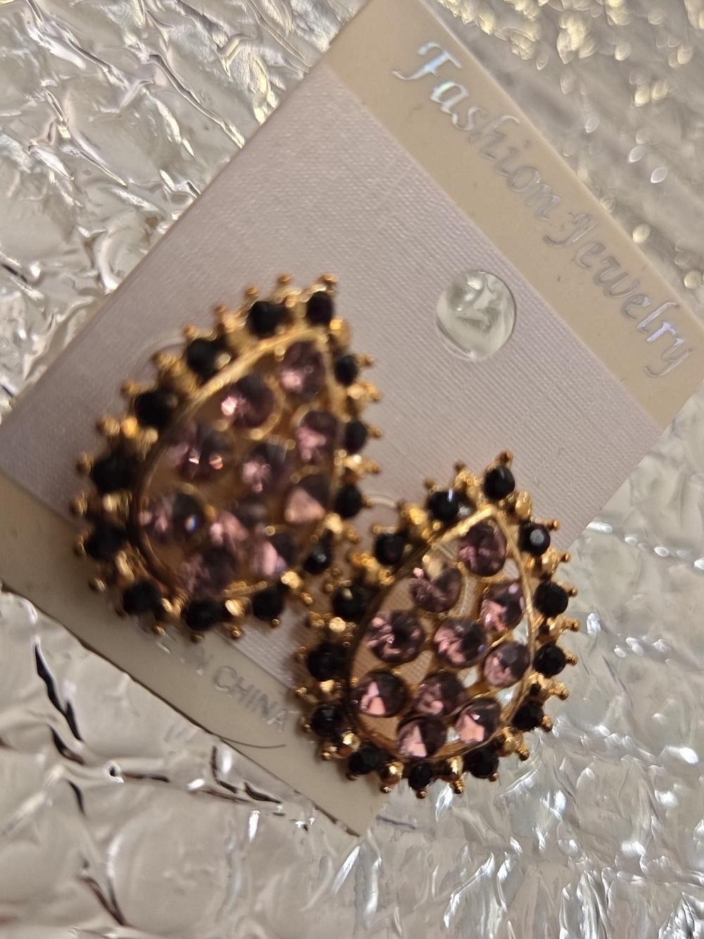 Fashion Jewelry Gold-Tone Teardrop Earrings with Lavender/ Pinkand Black Accents - Picture 2 of 5